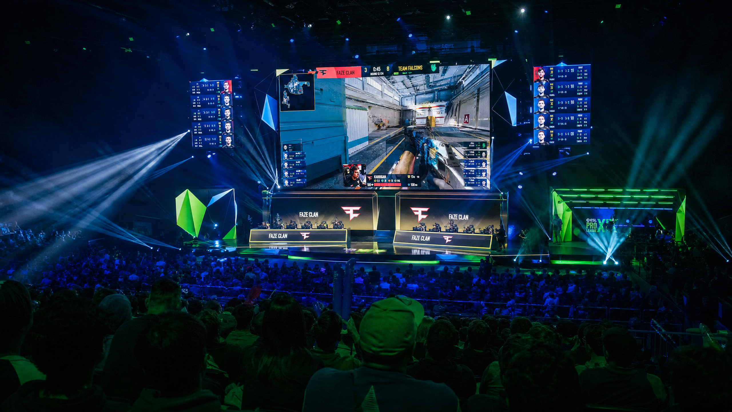 Esports tournament arena with large LED screens and crowd